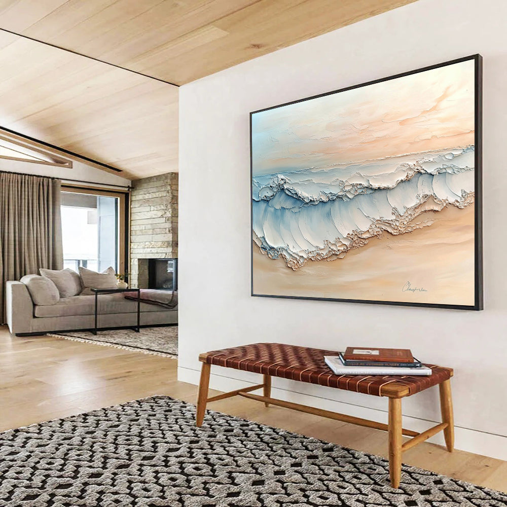 “Pastel Beach Wave Art” - Beige, Blue, White, Textured Beach Wave Painting On Canvas HB0974