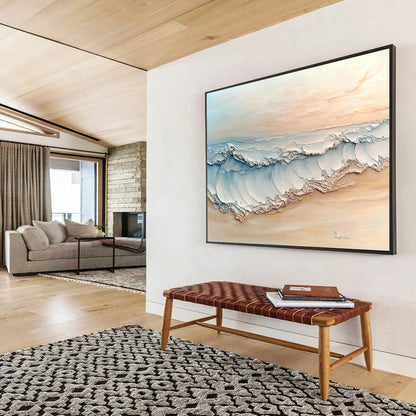 “Pastel Beach Wave Art” - Beige, Blue, White, Textured Beach Wave Painting On Canvas HB0974