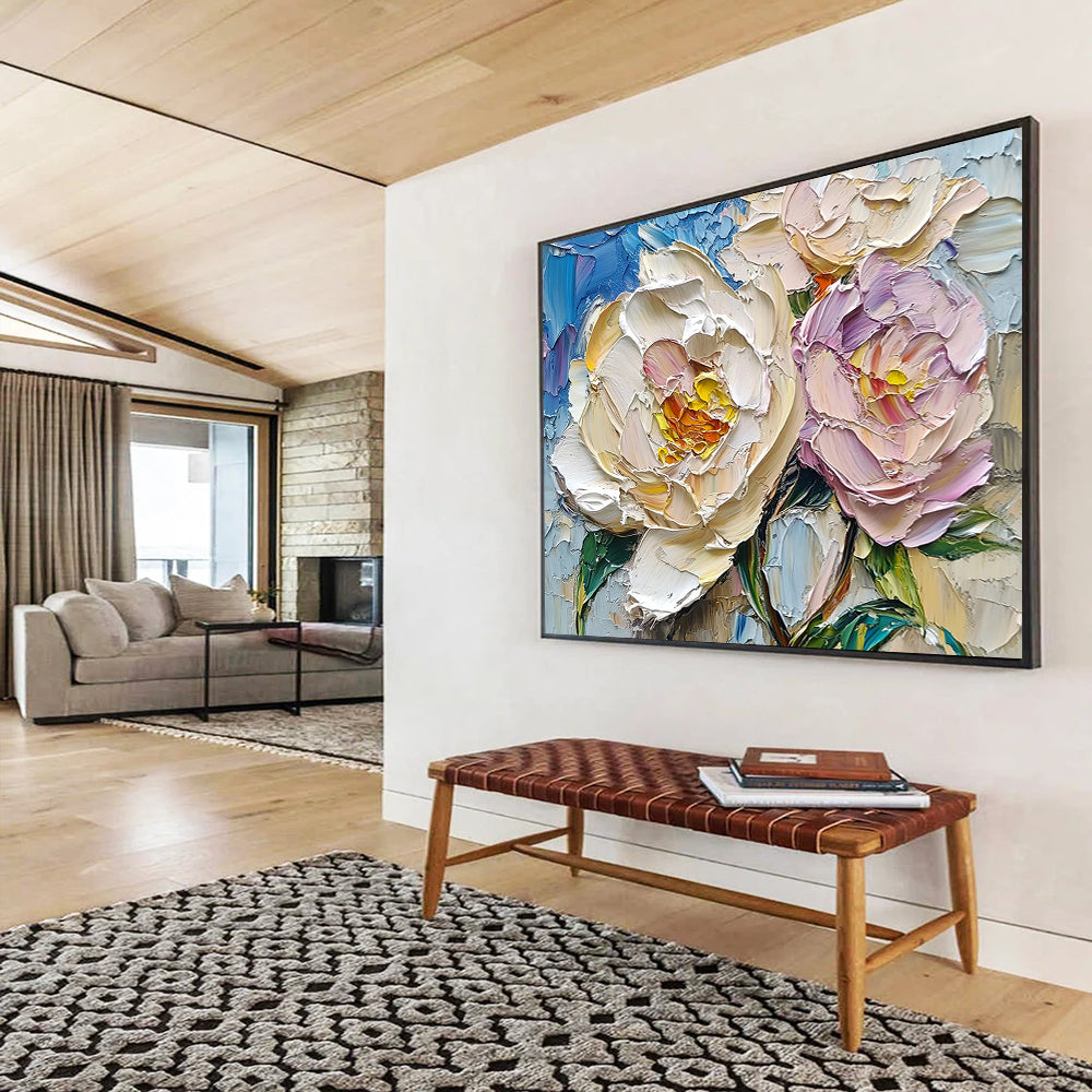 “Pastel Peony Pair” - Creamy Whites, Soft Pinks, Blues, Intricate Peony Blooms - Textured Oil Painting HB1717