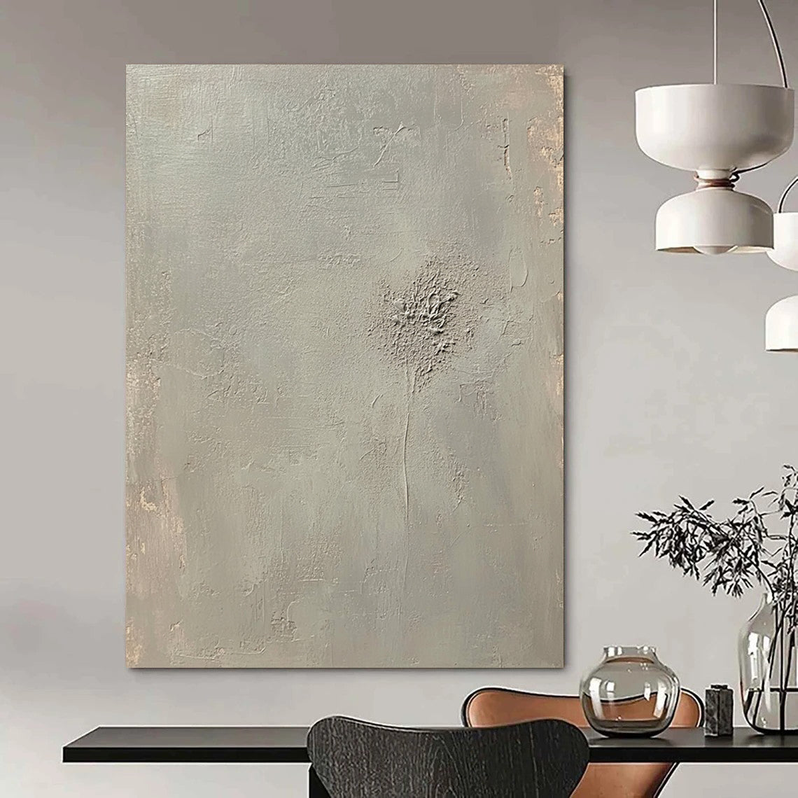 Contemporary abstract artwork featuring an empty light gray canvas with soft tones and faint embossed writing at the center. DLZ0576