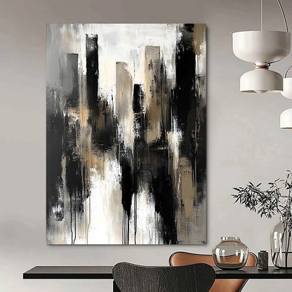 Contemporary abstract painting featuring dark gray tones large brush strokes muted neutral colors and a sense of urban melancholy and isolation. DLZ0313