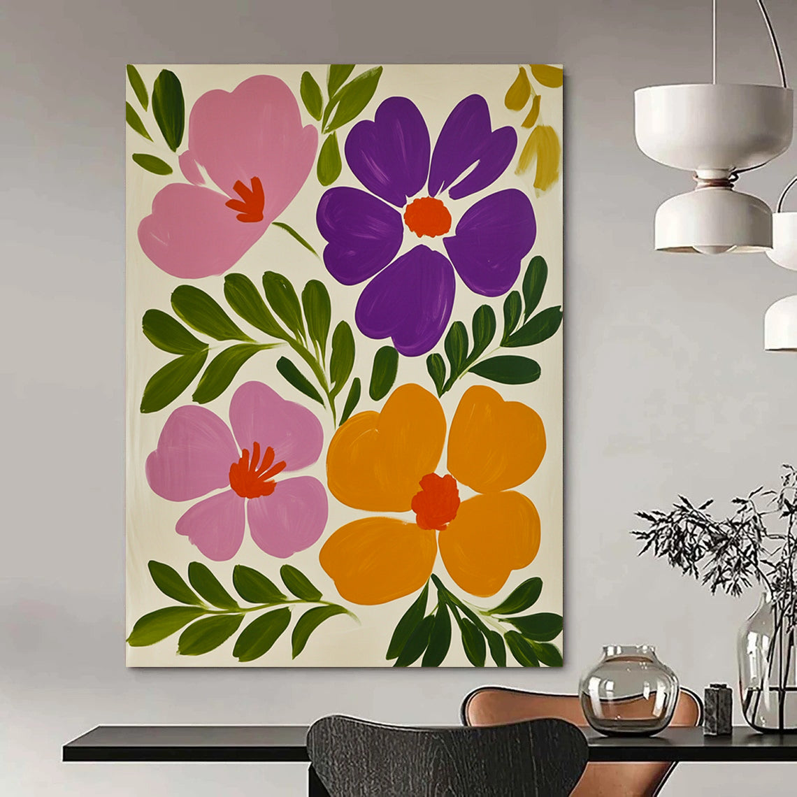 Contemporary hand-painted abstract art featuring vibrant pink and purple flowers against a white background with lush green leaves and vivid orange accents. DLZ1598