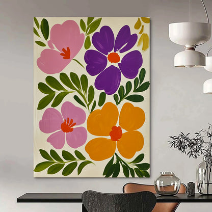 Contemporary hand-painted abstract art featuring vibrant pink and purple flowers against a white background with lush green leaves and vivid orange accents. DLZ1598