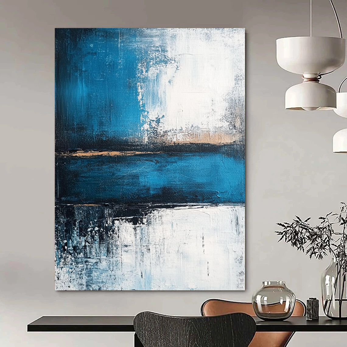 Contemporary abstract painting showcasing a serene blue sea with deep gray strokes and light white accents, evoking tranquility and strength. DLZ0360