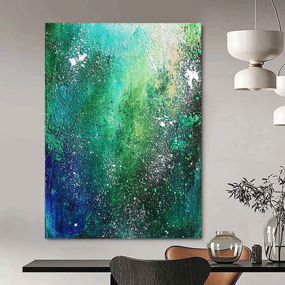Contemporary hand-painted abstract artwork featuring emerald green and blue, depicting the Milky Way with textured white star speckles and dark teal foliage. DLZ0347