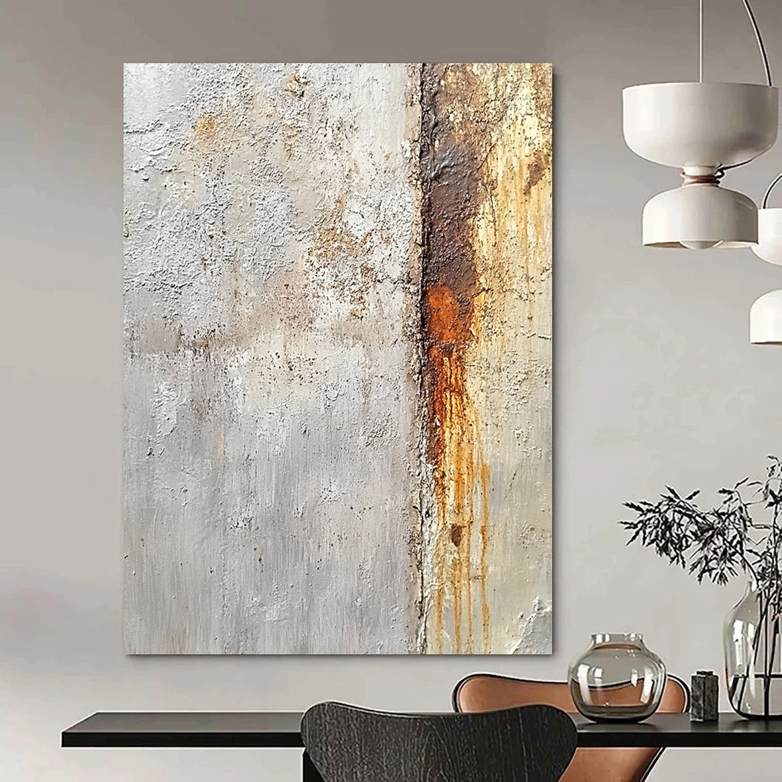 Contemporary large hand-painted abstract artwork showcasing detailed textures of concrete and rust in neutral colors inspired by Sargent and Sturgis. DLZ1506