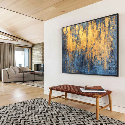 “Gold - Streaked Blue Texture” - Blue, Gold, Abstract Textured Painting On Canvas HB1000