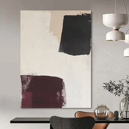 Contemporary hand-painted abstract art featuring large white burgundy and black shapes with soft neutral backgrounds and delicate fabric accents. DLZ1332