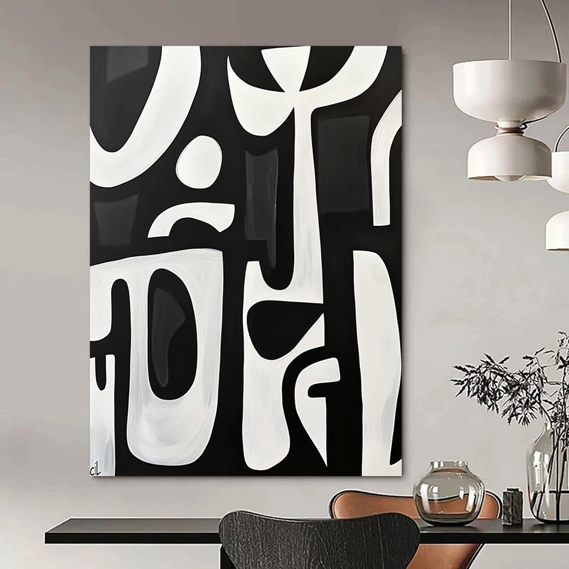 Large contemporary hand-painted abstract artwork featuring bold white shapes on a black background with minimalist design and elegant simplicity. DLZ1426