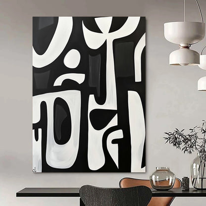 Large contemporary hand-painted abstract artwork featuring bold white shapes on a black background with minimalist design and elegant simplicity. DLZ1426