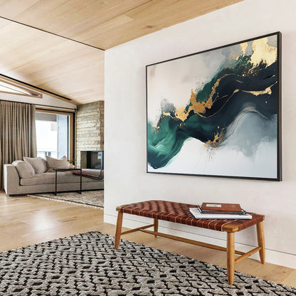 “Elegant Gold and Green Abstract Flow” - Green, gold, gray, white; Abstract fluid shapes with gold accents; Acrylic Painting On Canvas HB1240