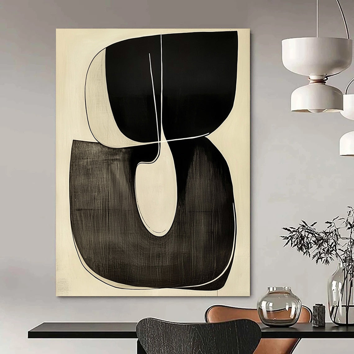 Contemporary hand-painted abstract art featuring a looping R shape outlined in white against a minimalist black and white background. DLZ1341