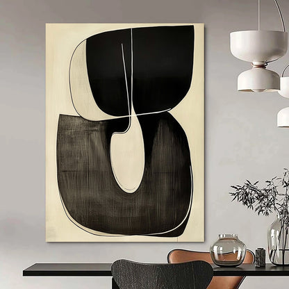 Contemporary hand-painted abstract art featuring a looping R shape outlined in white against a minimalist black and white background. DLZ1341