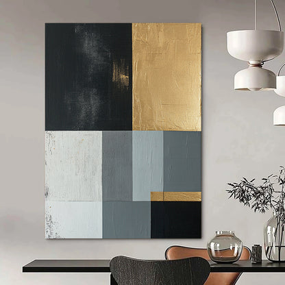Black, Gold, Gray, White with Geometric Blocks "Elegant Geometry" Abstract Painting On Canvas HB001