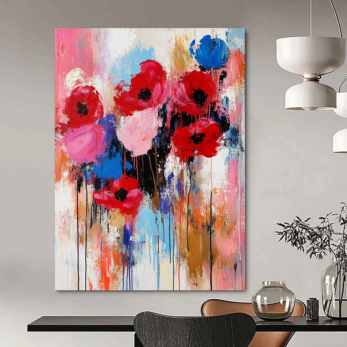 Expressive contemporary abstract painting of flowers in vibrant red pink and blue with thick brushstrokes and texture capturing the warmth of springtime. DLZ0982