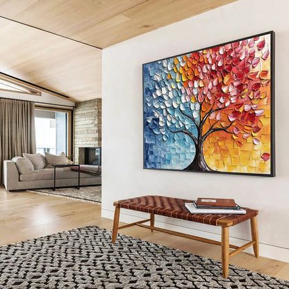 “Split - Color Textured Tree” - Blue, Orange, Red, Yellow, Textured Tree Silhouette - Palette Knife Acrylic Painting HB1638