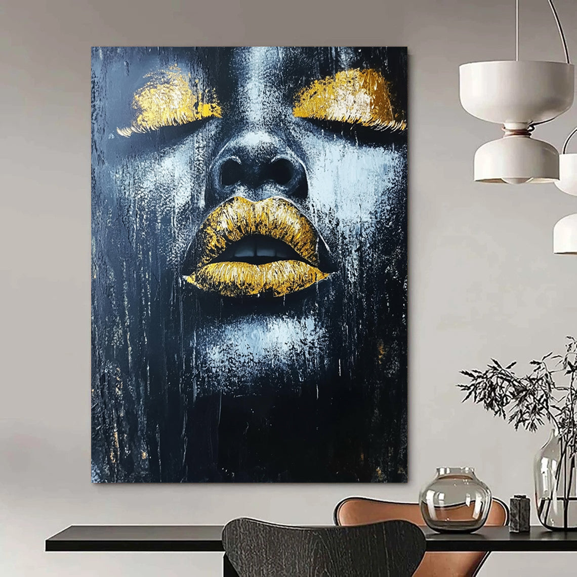Contemporary hand-painted abstract art featuring an African woman's lips with gold leaf highlights on a dark textured background. DLZ1542