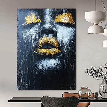 Contemporary hand-painted abstract art featuring an African woman's lips with gold leaf highlights on a dark textured background. DLZ1542