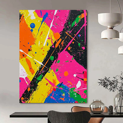 Vibrant contemporary abstract painting featuring bold neon colors and dynamic splashes in a Jackson Pollock-inspired style perfect for modern art collectors. DLZ0614