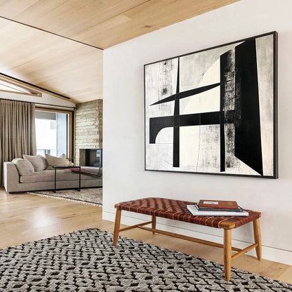 Geometric Black and White Cross - Precision Abstract Painting On Canvas HB0464