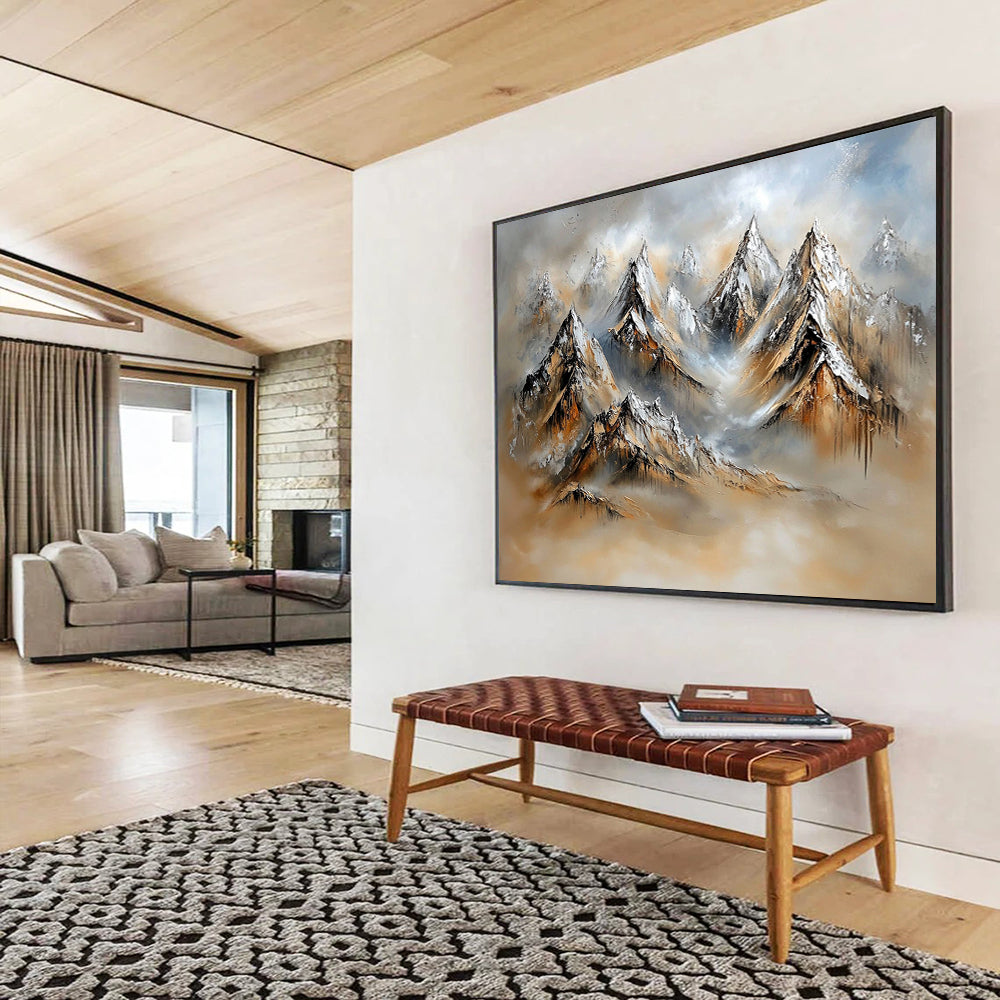 “Textured Mountain Landscape” - Snowy peaks, earthy tones, misty background, Textural Landscape Painting On Canvas HB0602