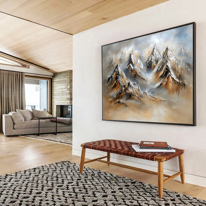 “Textured Mountain Landscape” - Snowy peaks, earthy tones, misty background, Textural Landscape Painting On Canvas HB0602