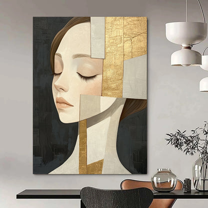 Large contemporary hand-painted abstract artwork featuring an elegant woman in beige tones with gold leaf accents against a dark gray background. DLZ1405