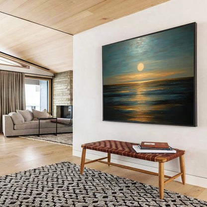 “Moonlit Ocean Calm” - Cool Blues, Silvery Whites, Warm Golds, Ocean at Night - Impasto Oil Painting HB1755