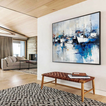 “Abstract Harbor Reflections” - Blue, White, Gray, Dynamic Boat & Water Scenes Painting On Canvas HB1022