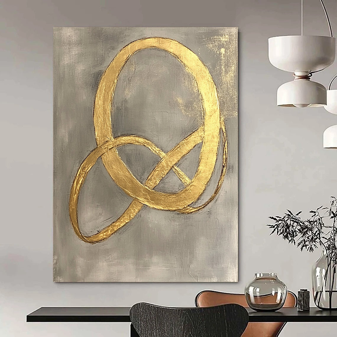 Contemporary hand-painted abstract art features intertwined shapes with elegant curves and delicate gold foil on a light gray background. DLZ1577