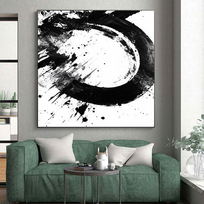 Black Circular Brushstroke with Splatter - “Dynamic Enso Splash” Painting On Canvas HB242