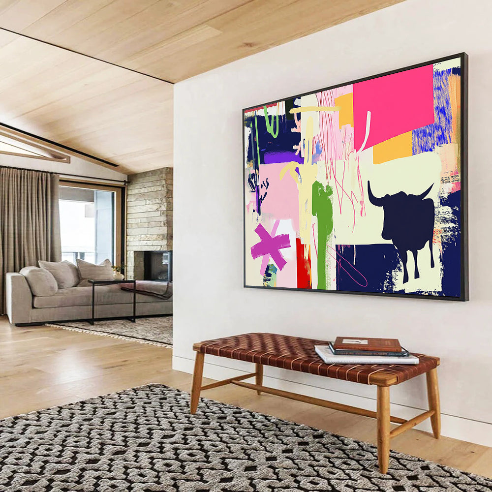 “Colorful Collage with Bull Silhouette” - Colorful Palette, Collage with Bull Shape Painting On Canvas HB0862