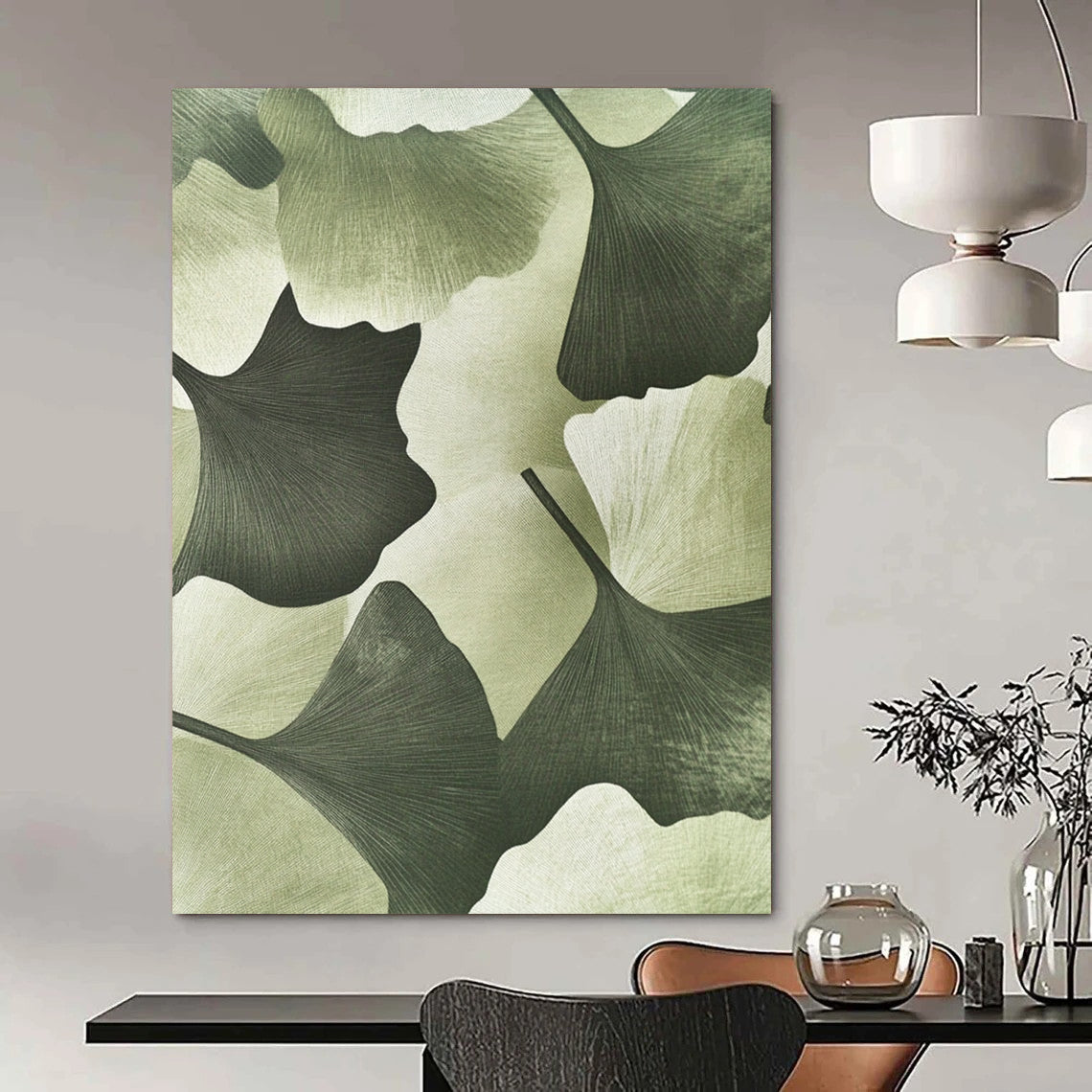 Contemporary hand-painted abstract art featuring textured ginkgo leaves in a soft green background adds depth and elegance to your outfit. DLZ1202
