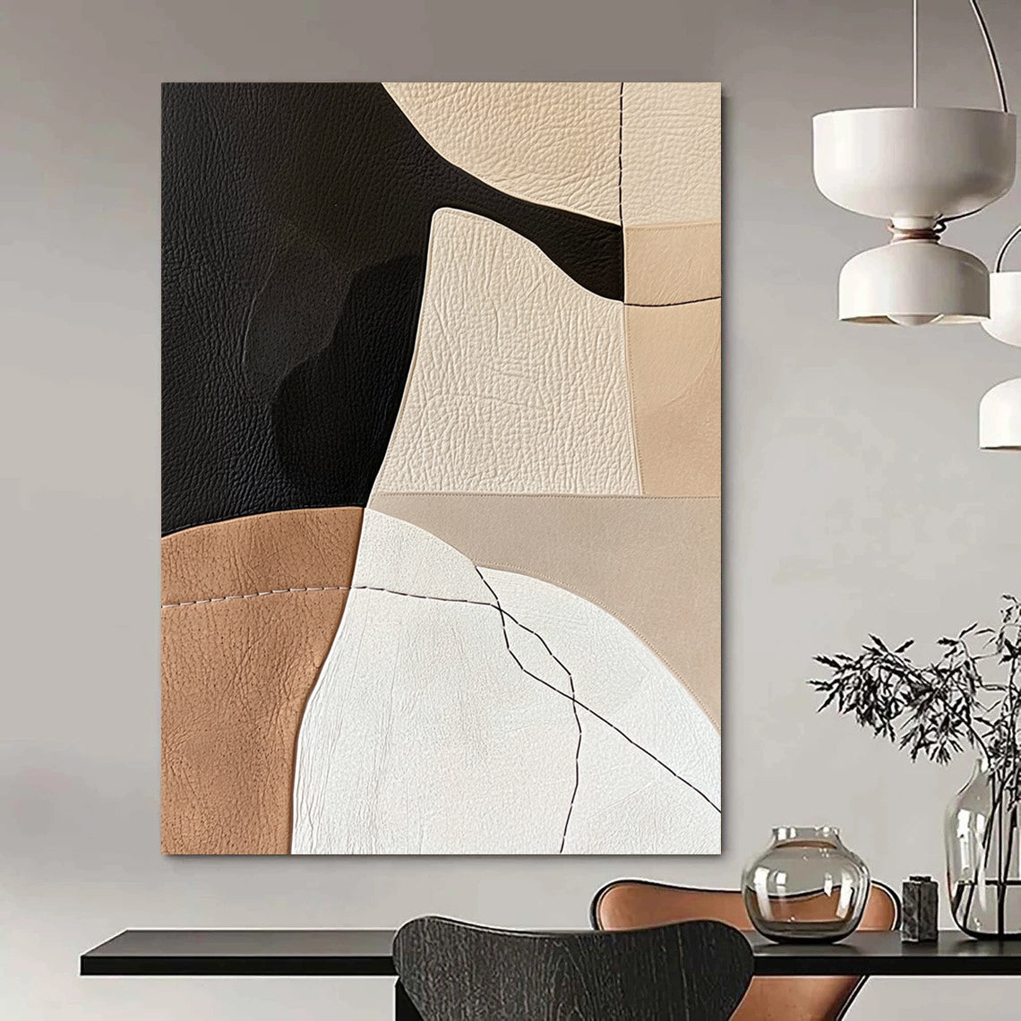 Contemporary abstract artwork with minimalist Japandi design featuring leather and paper collage in neutral earthy tones and feminine hand-stitched details. DLZ1619