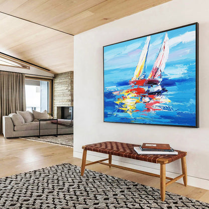 Colorful Sailboats on Blue Sea - Vibrant Coastal Living Room Art DLZ266