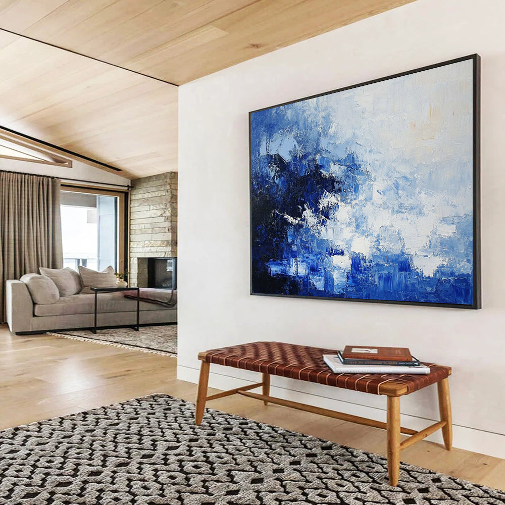 “Blue - White Abstract Textured Layers” - Blue, White, Layered Textures Painting On Canvas HB0836