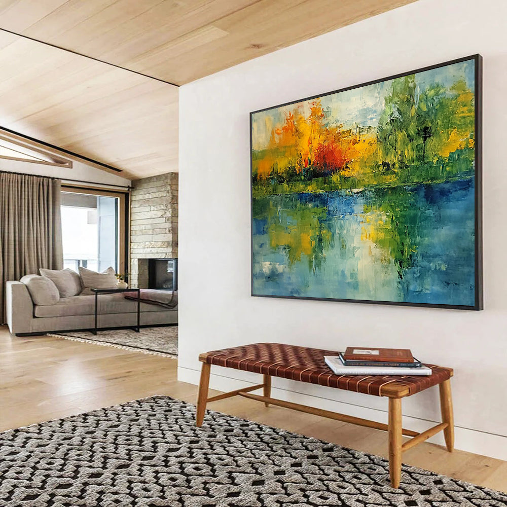 “Colorful Lake Reflection” - Green, Blue, Yellow, Abstract Tree Reflections Painting On Canvas HB0949