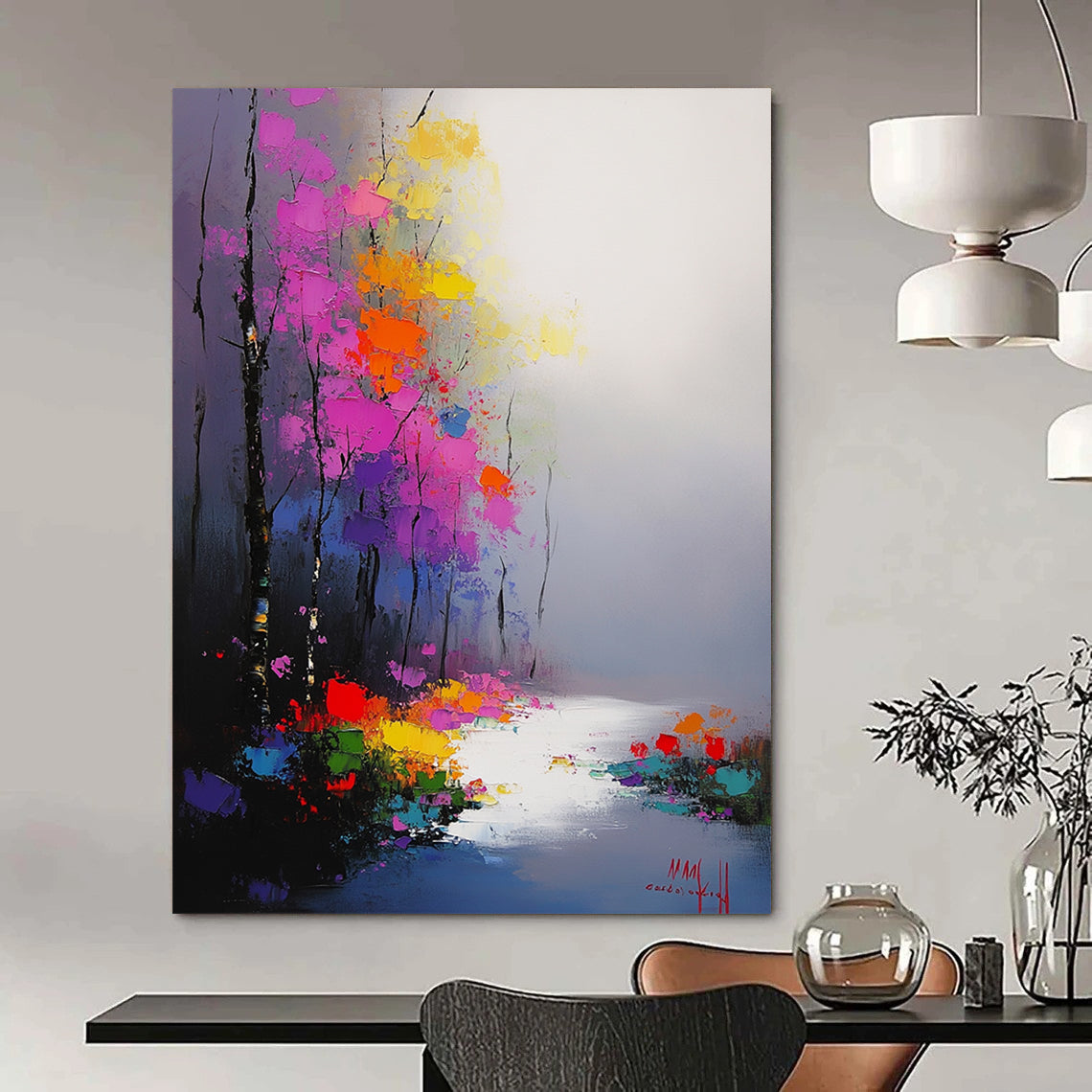 Contemporary hand-painted abstract artwork featuring vibrant flowers and trees in morning mist with smooth brushwork and atmospheric perspective. DLZ1413