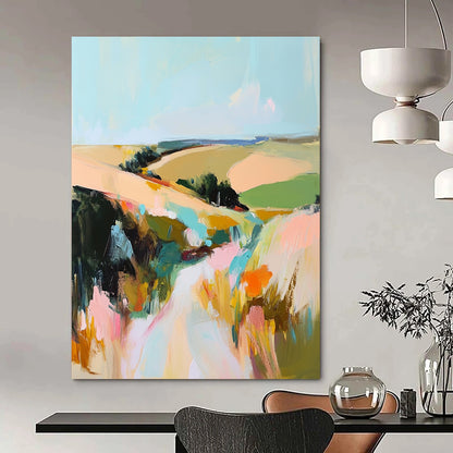 Contemporary abstract landscape painting featuring thick paint application and vibrant muted colors capturing rolling fields and hills under a serene sky. DLZ0455