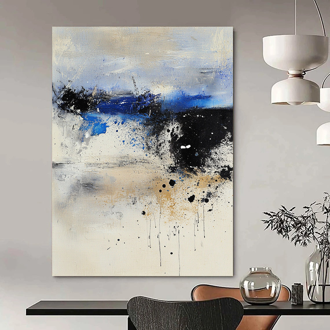 Contemporary large abstract painting featuring pale colors with dark blue and gray tones ethereal landscape textured canvas dreamlike atmosphere harmonious composition. DLZ0942