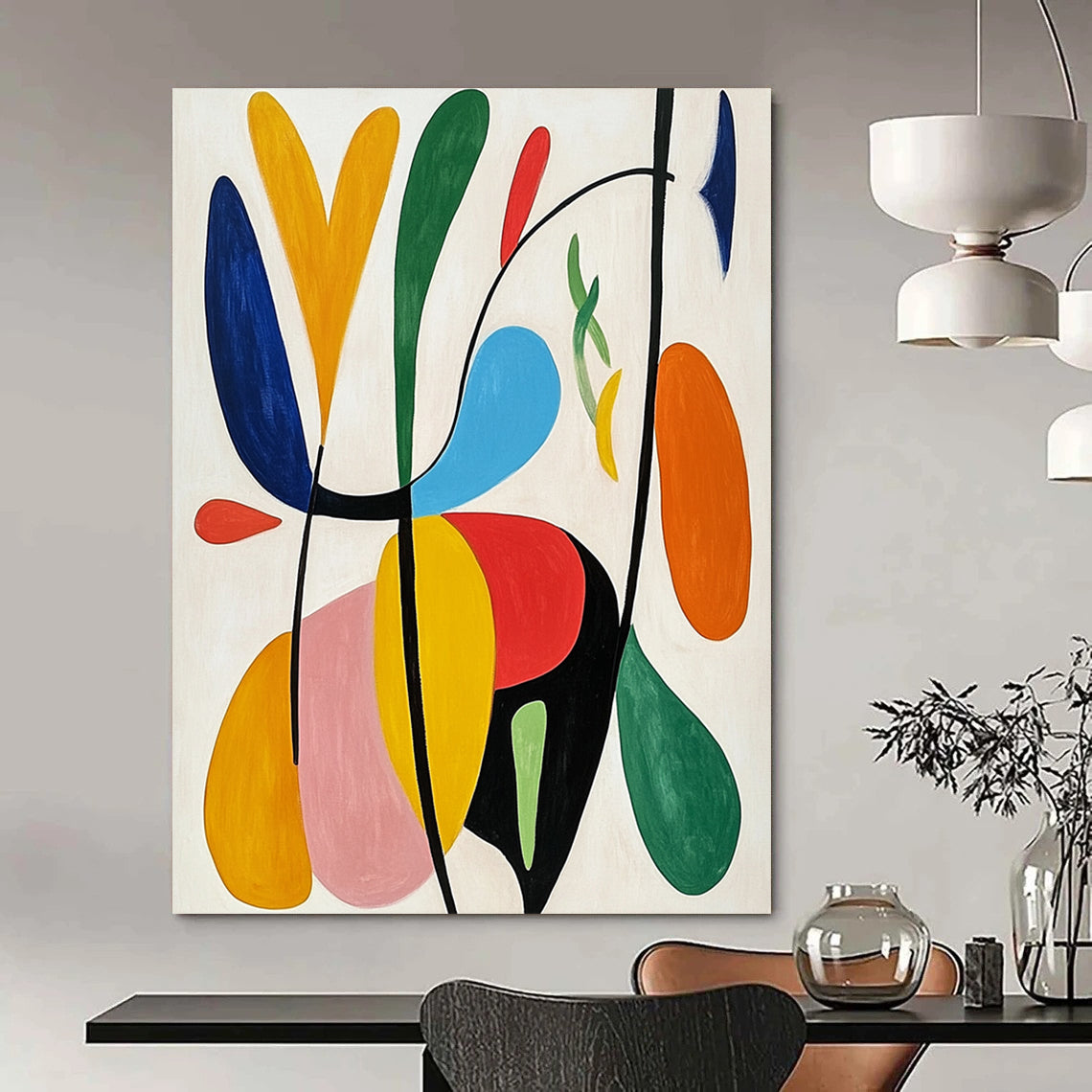 Large contemporary hand-painted abstract art featuring bright colors, organic forms, and simple lines on a white background, inspired by Matisse’s style. DLZ1271