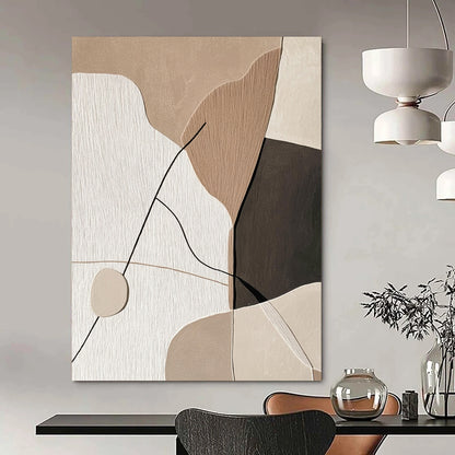 Contemporary abstract artwork featuring minimalist Japandi design with string and paper shapes on a beige background, accented with black and thick lines. DLZ1620