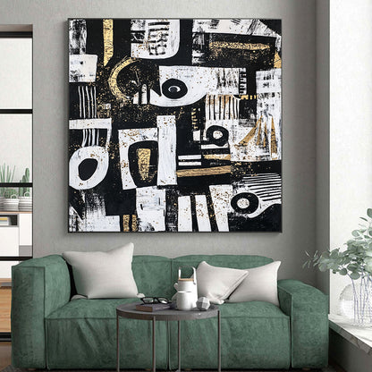 Black, White, Gold and Gray Abstract Symbols "Mystic Symbols" Painting On Canvas HB342