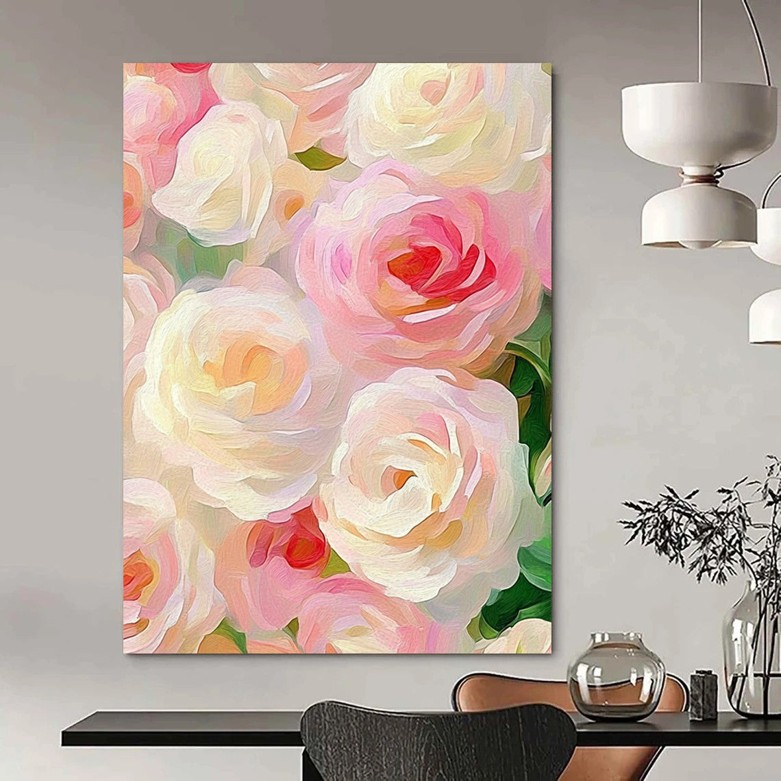 Contemporary hand-painted abstract artwork featuring soft pink and cream roses in an impressionist style, elegantly capturing romance against a muted pastel background. DLZ1203