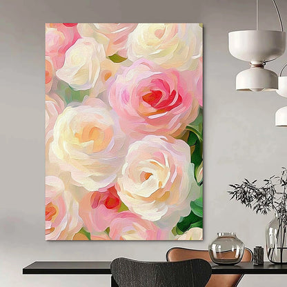 Contemporary hand-painted abstract artwork featuring soft pink and cream roses in an impressionist style, elegantly capturing romance against a muted pastel background. DLZ1203