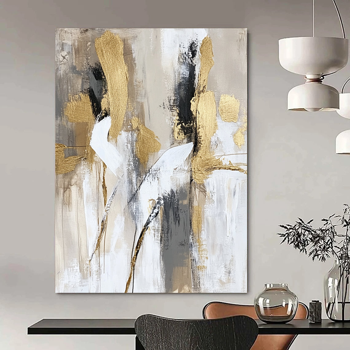 Contemporary hand-painted abstract art featuring soft brush strokes in neutral beige and white tones with elegant gold accents depicting dancing bodies in motion. DLZ0768
