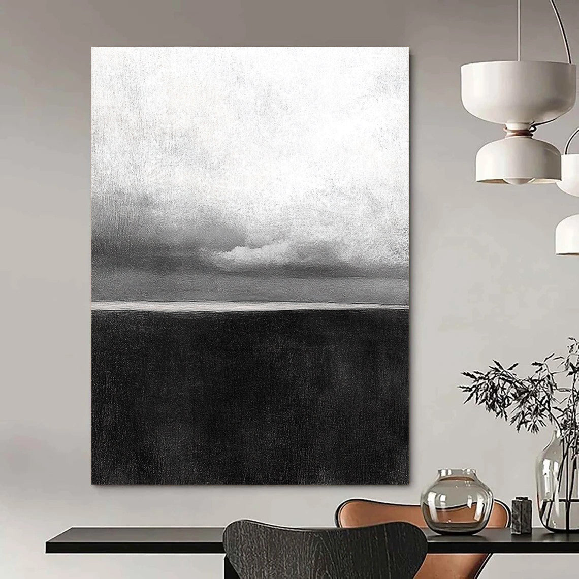 Contemporary hand-painted abstract artwork featuring a textured ocean horizon with soft, atmospheric clouds and a grainy, minimalist aesthetic. DLZ1546