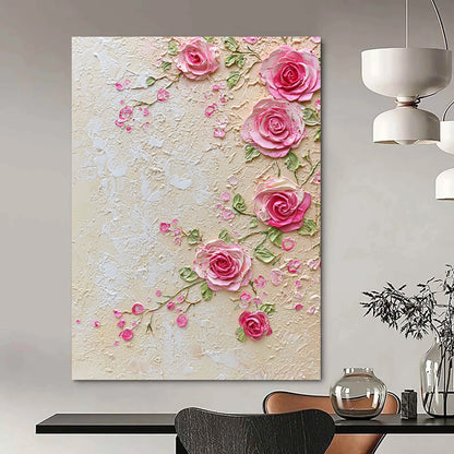 Contemporary handcrafted abstract art features delicate pink lace and roses with an elegant beige background of small flowers and greenery, exuding refined charm and sophistication. DLZ1247