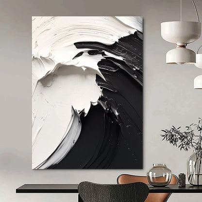 Contemporary hand-painted abstract art features dynamic flowing lines, high contrast black and white on a white background, evoking a mysterious atmosphere. DLZ1732