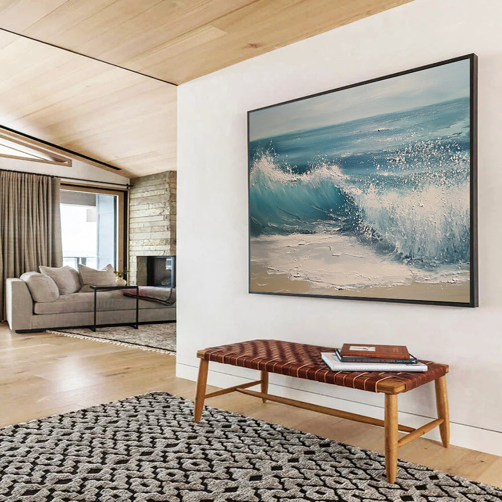 Blue, White and Beige Crashing Wave "Splash of Serenity" Painting On Canvas HB0670